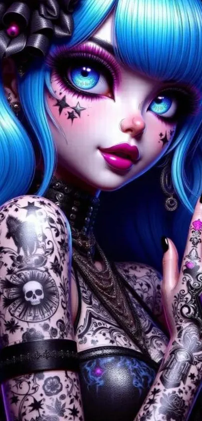 Anime-inspired vibrant character with blue hair and tattoos