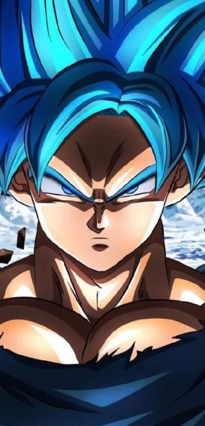 Anime character with blue hair, intense expression, dynamic background.