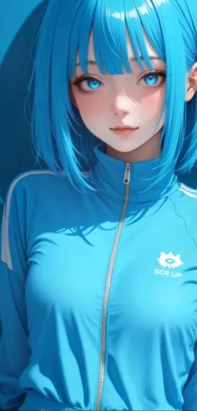Anime girl with bright blue hair in sporty outfit