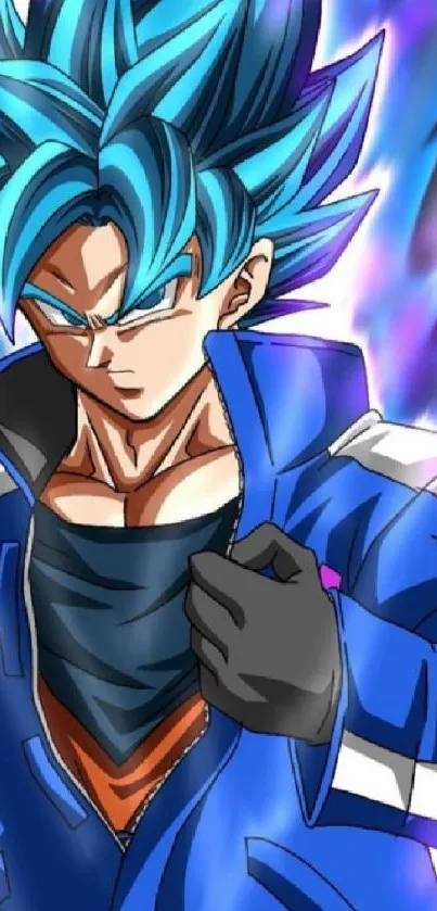 Anime hero with blue hair and aura in a vibrant and dynamic style.