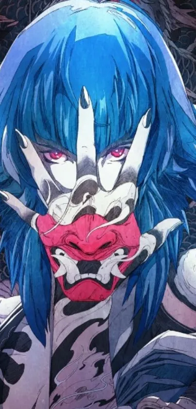 Vibrant anime wallpaper featuring a blue-haired character with a detailed mask.