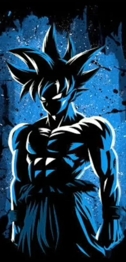 Dynamic anime silhouette on vibrant blue background.