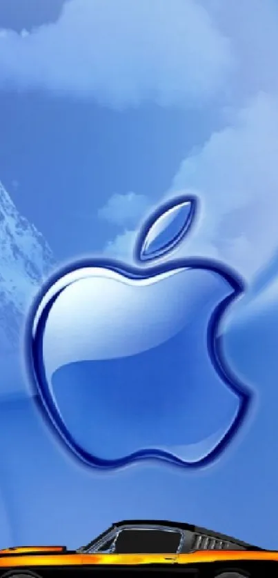 Blue Apple logo with clouds and a car on a mobile wallpaper.