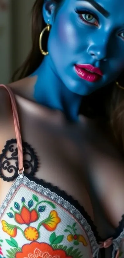 Artistic blue portrait with floral details.