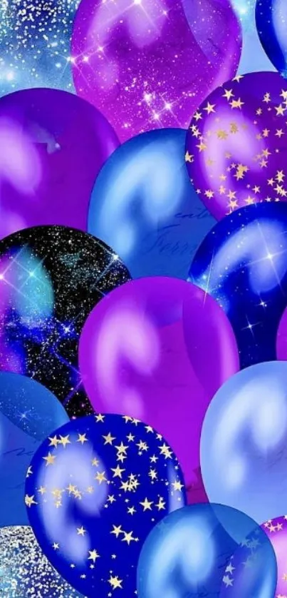 Colorful blue and purple balloon wallpaper with stars and glitter.