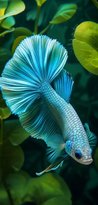 Vibrant blue Betta fish swimming with lush green aquatic plants.