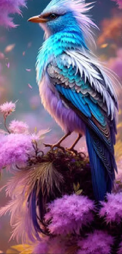 Fantasy blue bird amidst lush purple blossoms in vibrant wallpaper.