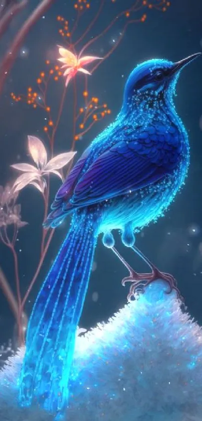 Glowing blue bird perched in a magical fantasy setting.