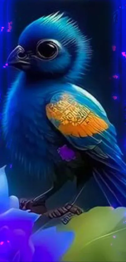 Vibrant blue bird with colorful feathers on a dark background.