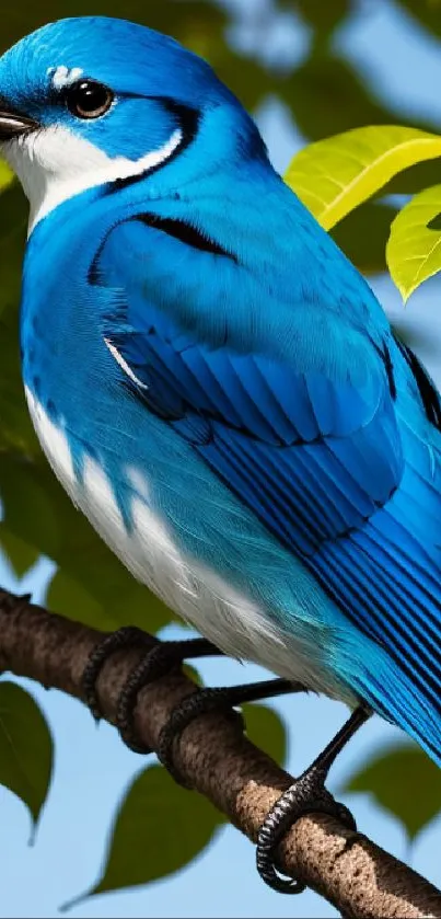 Blue bird perched on branch with green leaves in background.