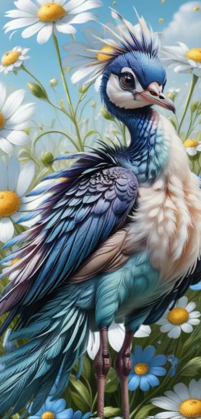 A vibrant blue bird among daisies on a serene mobile wallpaper.