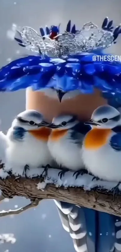 Blue birds sitting on snowy branch with vibrant colors.