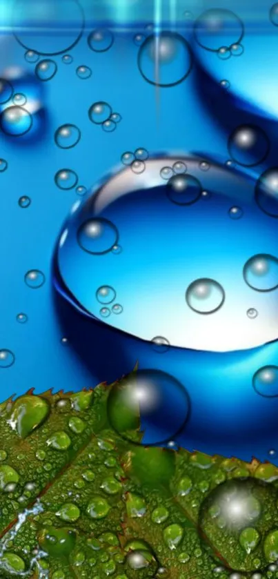 Vibrant blue bubbles and green leaves with droplets.