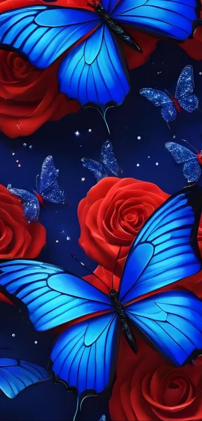 Blue butterflies and red roses wallpaper.