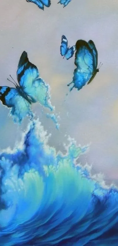 Blue butterflies soaring above ocean waves.