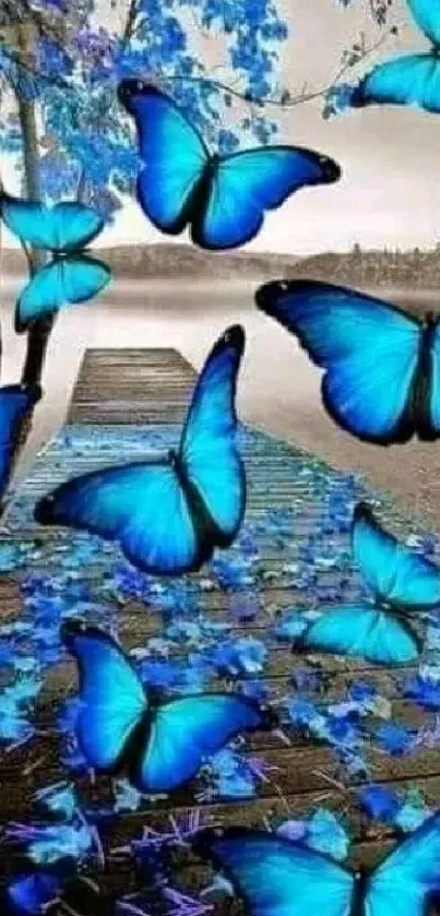 Blue butterflies near a calm lake with scenic pathway.