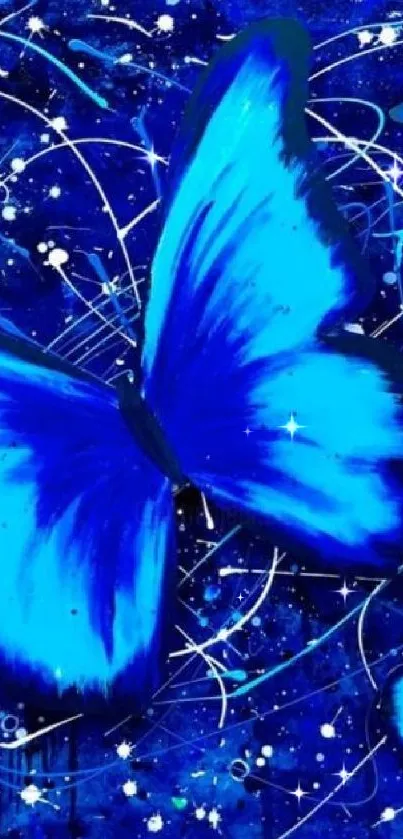 Blue butterflies on cosmic backdrop for mobile wallpaper.