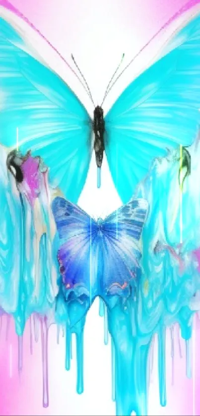 Vibrant blue butterfly art with pink gradient background.