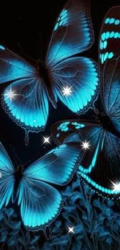 Vibrant blue butterflies on a dark background, creating a stunning wallpaper.