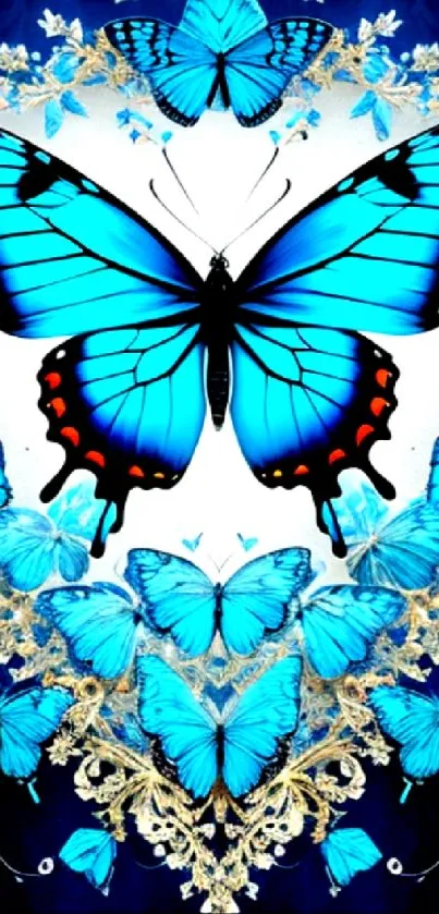 Intricate vibrant blue butterfly wallpaper design.