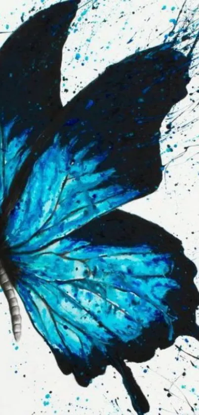 Vibrant blue butterfly with artistic splatter effect on a mobile wallpaper.