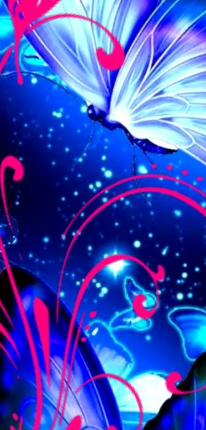 Blue butterflies with pink swirls on a starry background wallpaper.