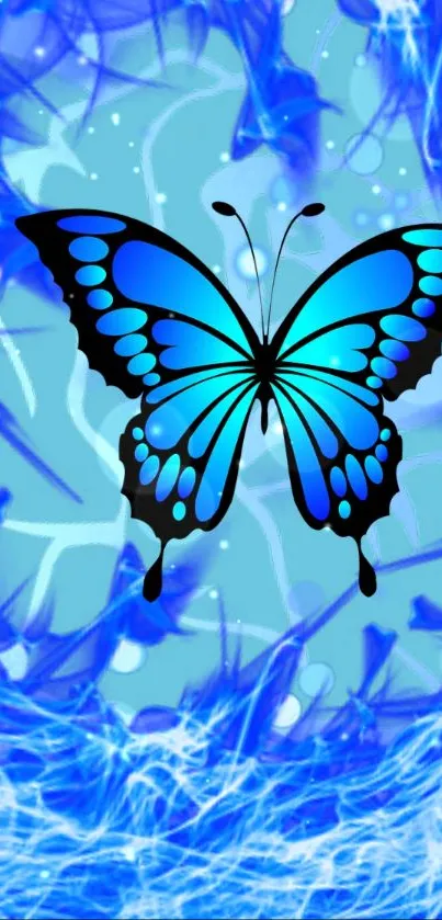 Vibrant blue butterfly wallpaper with abstract background.