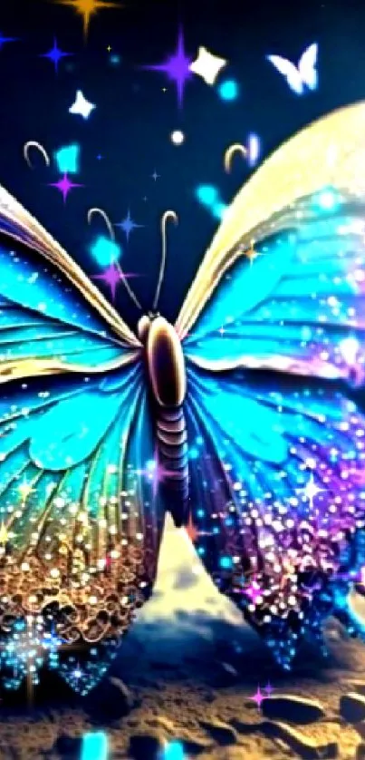 Vibrant blue and purple butterfly on glowing abstract background.