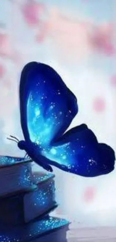 Vibrant blue butterfly with cosmic sparkles in artistic wallpaper design.