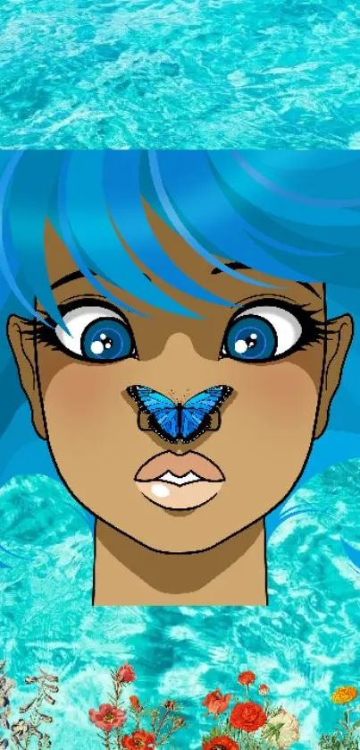 Anime face with blue butterfly on nose against aqua background.