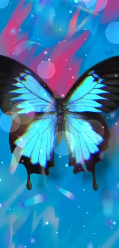 A vibrant blue butterfly with neon accents on a glowing background.