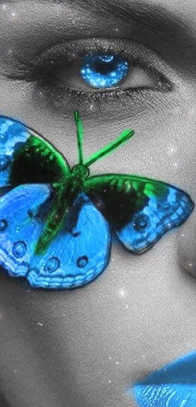 Blue butterfly on grayscale backdrop with blue lips and eye detail.