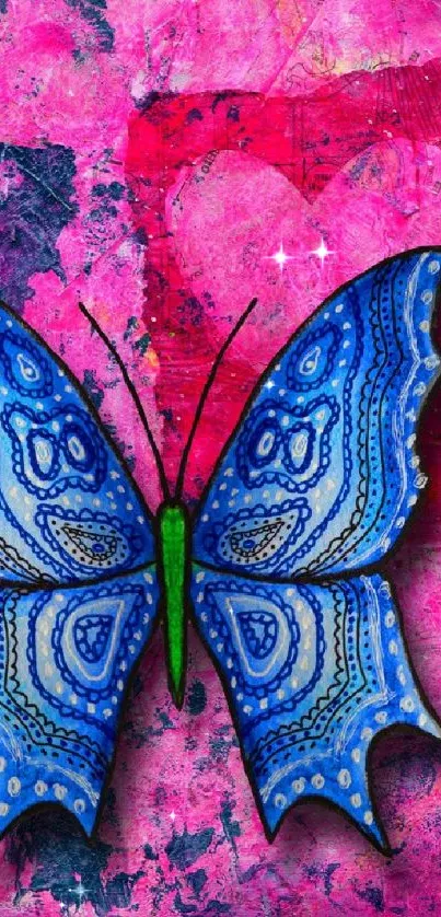 Blue butterfly with pink textured background wallpaper.