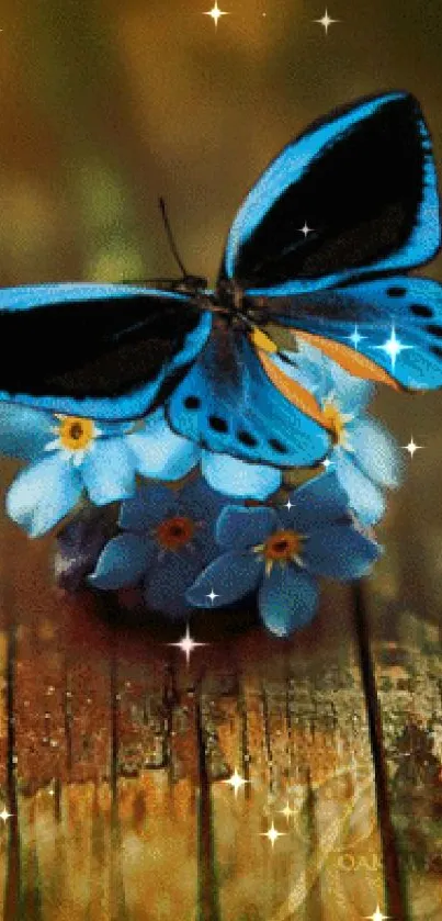 A vibrant blue butterfly rests on flowers with a rustic wooden background.