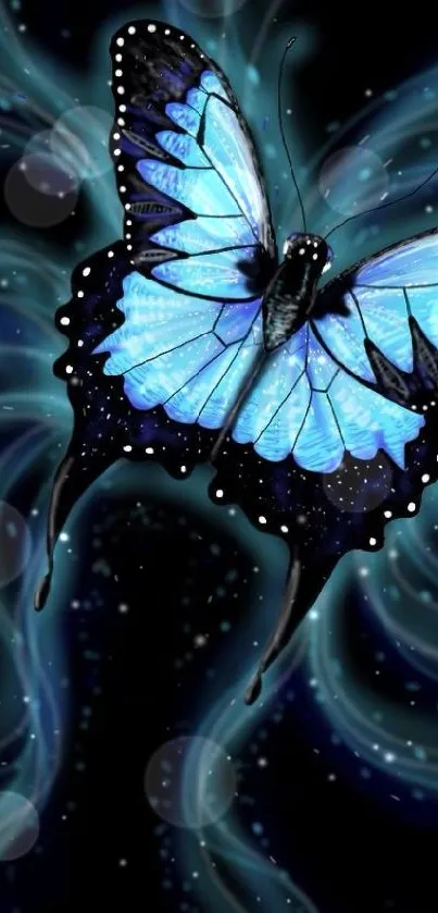 Vibrant blue butterfly with ethereal swirls.