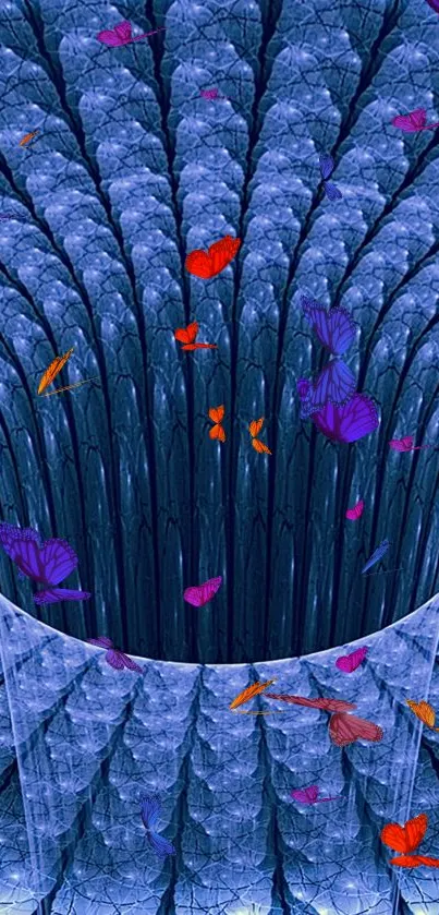 Blue fractal with colorful butterflies, vibrant phone wallpaper.