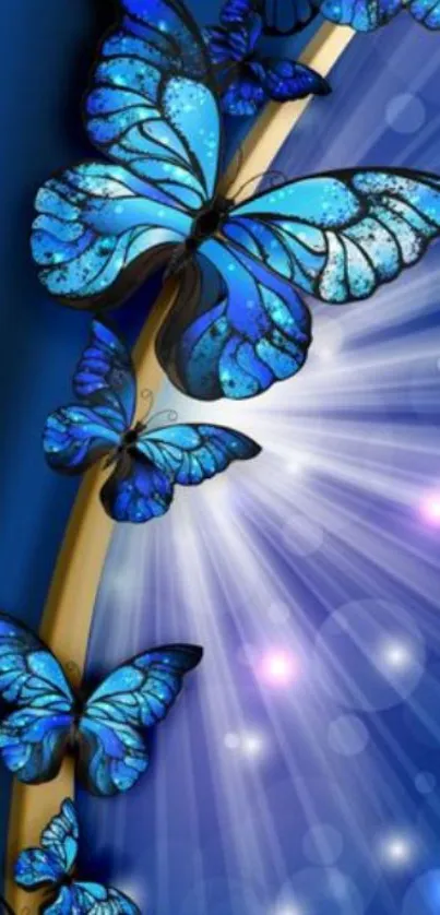 Vibrant blue butterflies with radiant light background.