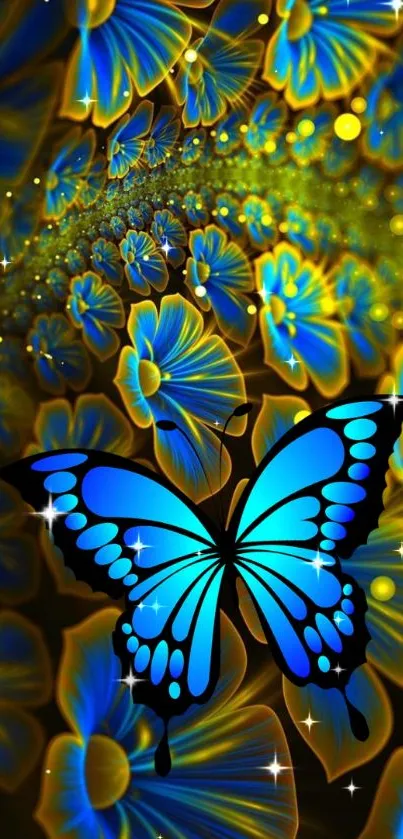 Blue butterfly with fractal flowers glowing in vibrant colors.