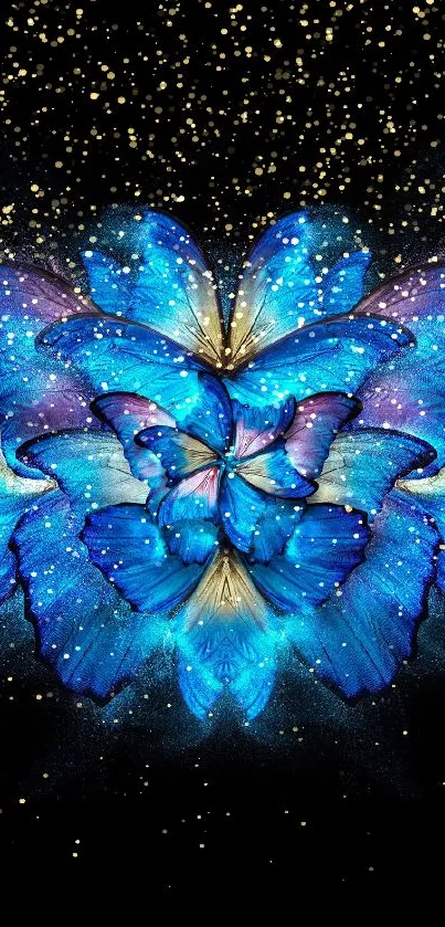 Intricate blue butterfly art wallpaper with vibrant colors.