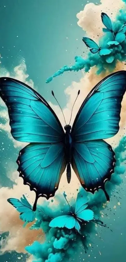 Vibrant blue butterfly art wallpaper with surreal design.