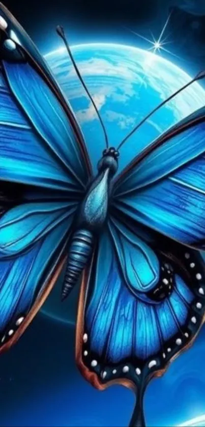 Vibrant blue butterfly with cosmic background, perfect for mobile wallpaper.