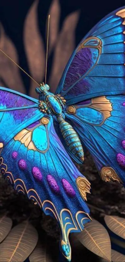 Vibrant blue butterfly resting on leaves.