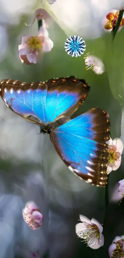 Blue butterfly amidst spring flowers on a green background.