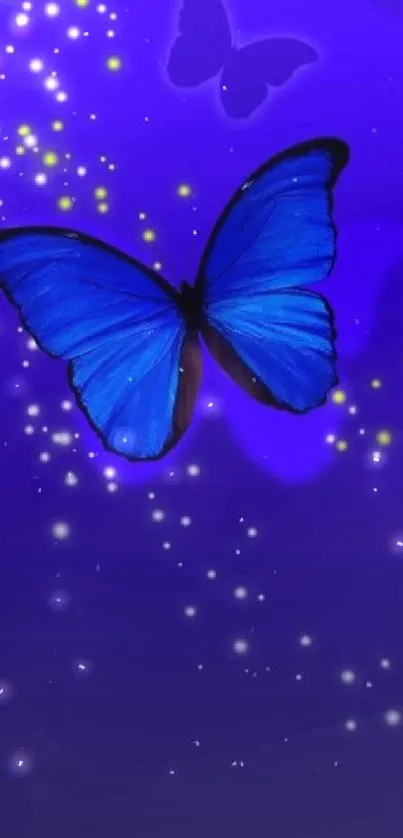 Vibrant blue butterfly with starry background on mobile wallpaper.