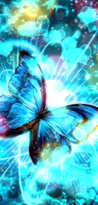 Vibrant blue butterfly with glowing hearts mobile wallpaper.