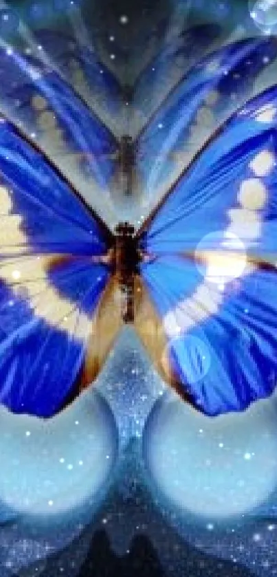 Vibrant blue butterfly with intricate patterns on a dazzling backdrop.