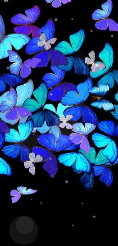 Vibrant blue butterflies flutter on a sleek black background, perfect for a phone screen.