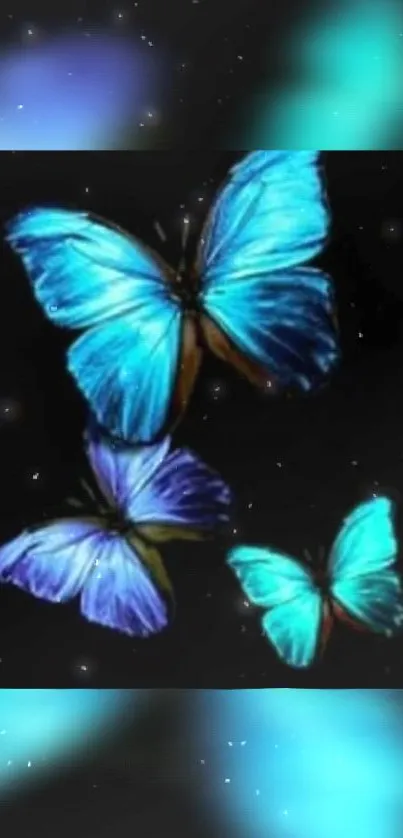 Vibrant neon blue butterflies on a black background.