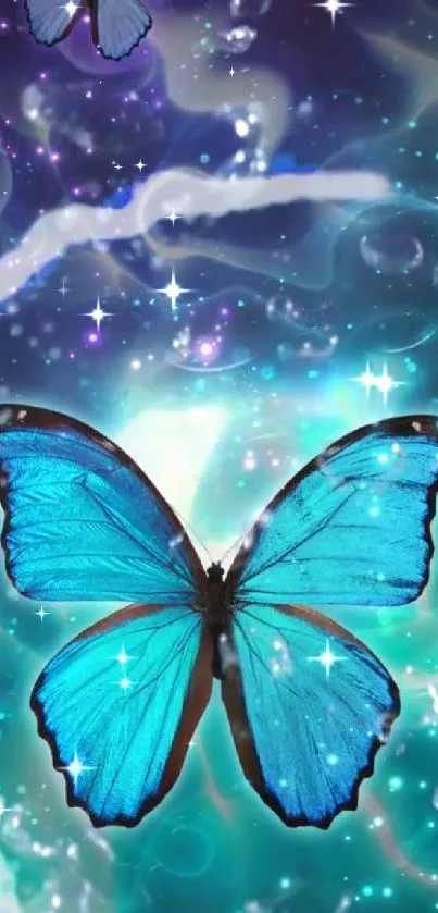 Blue butterfly on mystical, glowing background wallpaper.