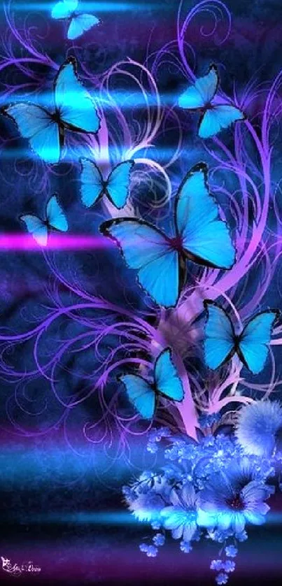 Vibrant blue butterflies with purple swirls on a dark blue mobile wallpaper.